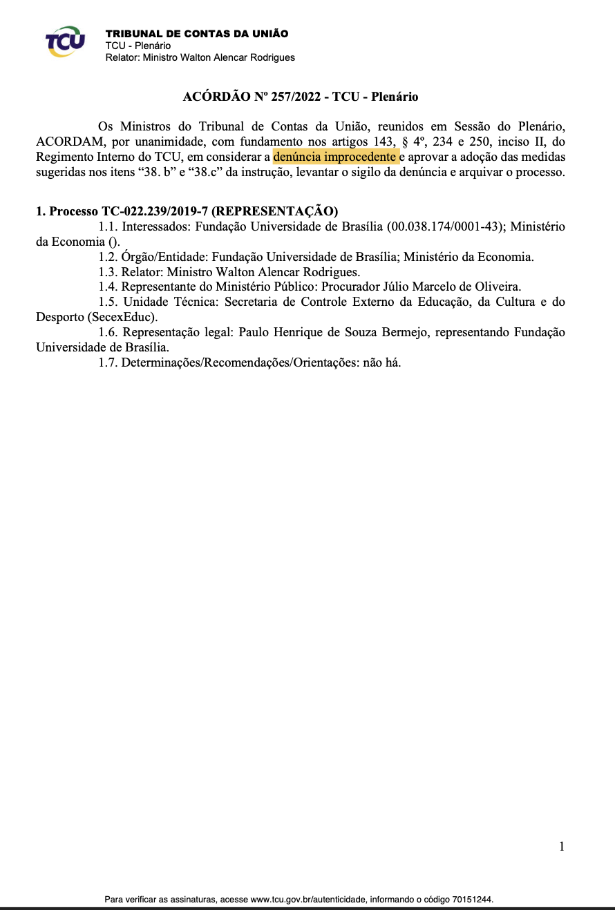 Acórdão nº 257/2022 - TCU - Plenário - Documento oficial mostrando a decisão de improcedência da denúncia